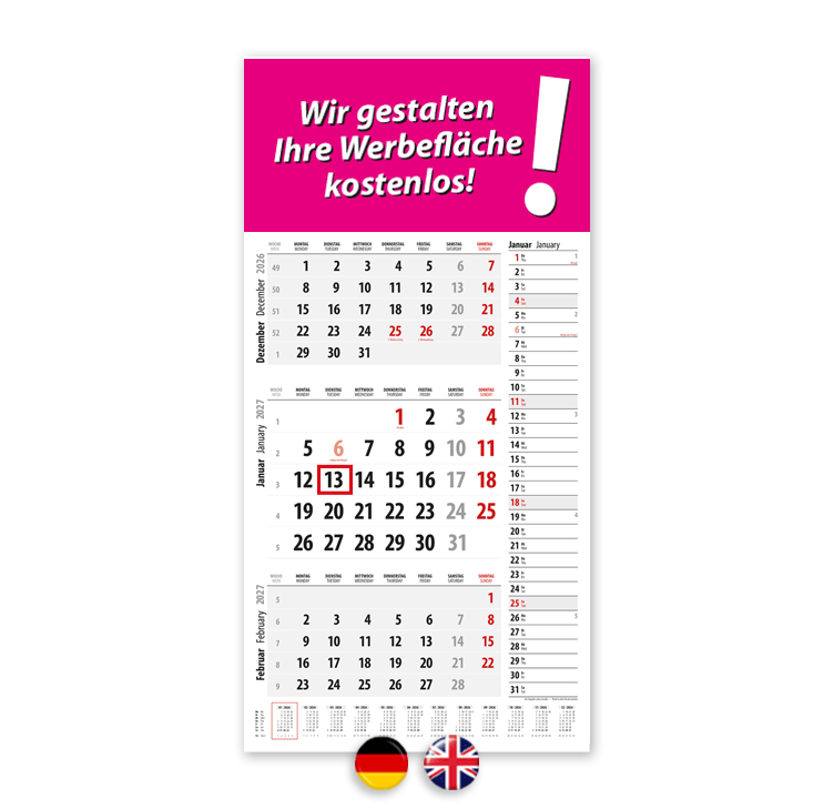 3-Monatskalender mit Terminspalte DE-EN/TR | Deutsch-Englisch