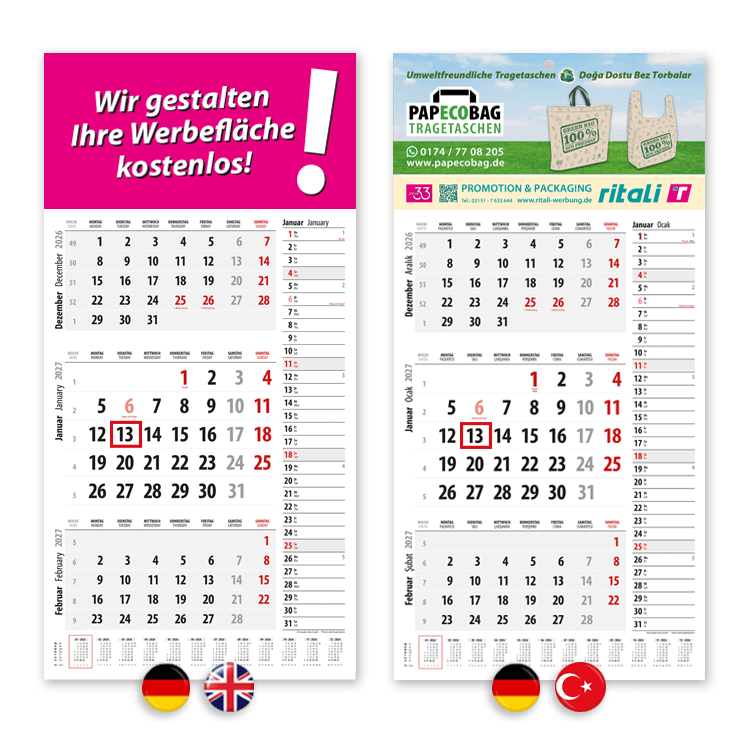3-Monatskalender mit Terminspalte DE-EN/TR