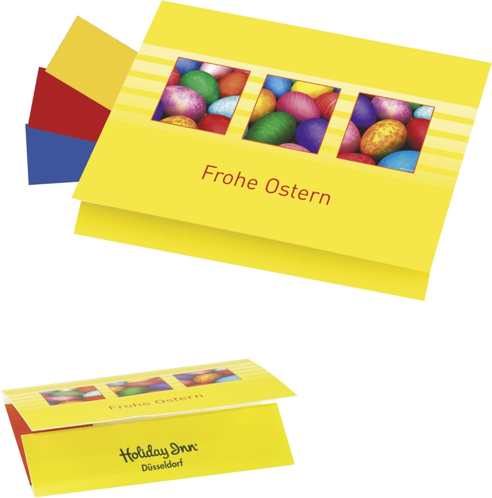 Klappkärtchen Eierfärberei 90 x 60 mm, 3 Farben sortiert, 1-4 c Digitaldruck inklusive