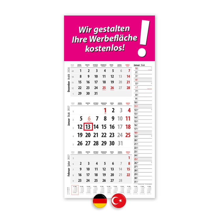 3-Monatskalender mit Terminspalte DE-EN/TR | Deutsch-Türkisch