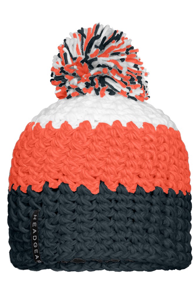 Crocheted Cap with Pompon - Carbon/orange/white (ca. Pantone 425U
151C
white)