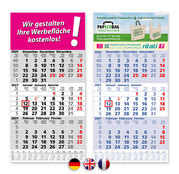 3-Monatskalender mit Jahresübersicht DE-EN-FR