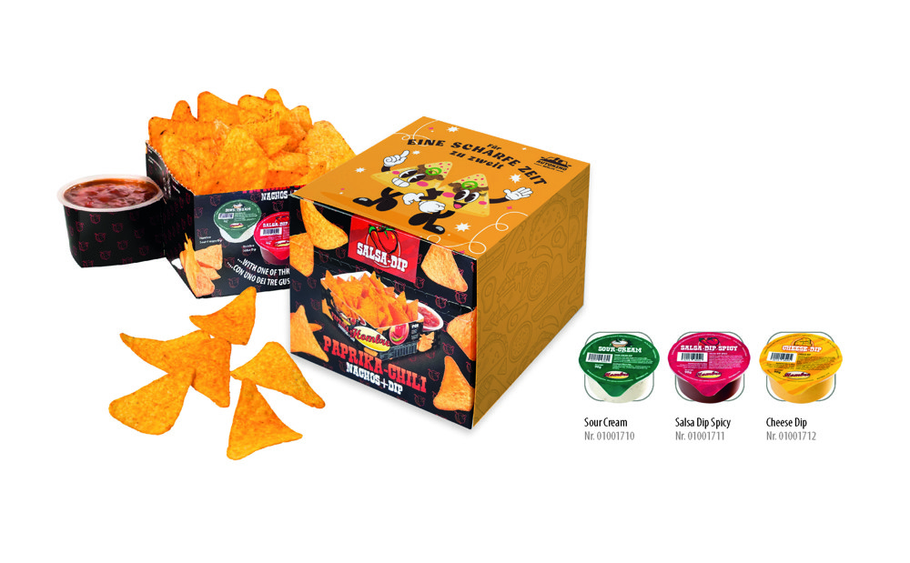 Nacho Box im Schuber 190 g , Inhalt: Nachos Paprika-Chili, Cheese Dip ...