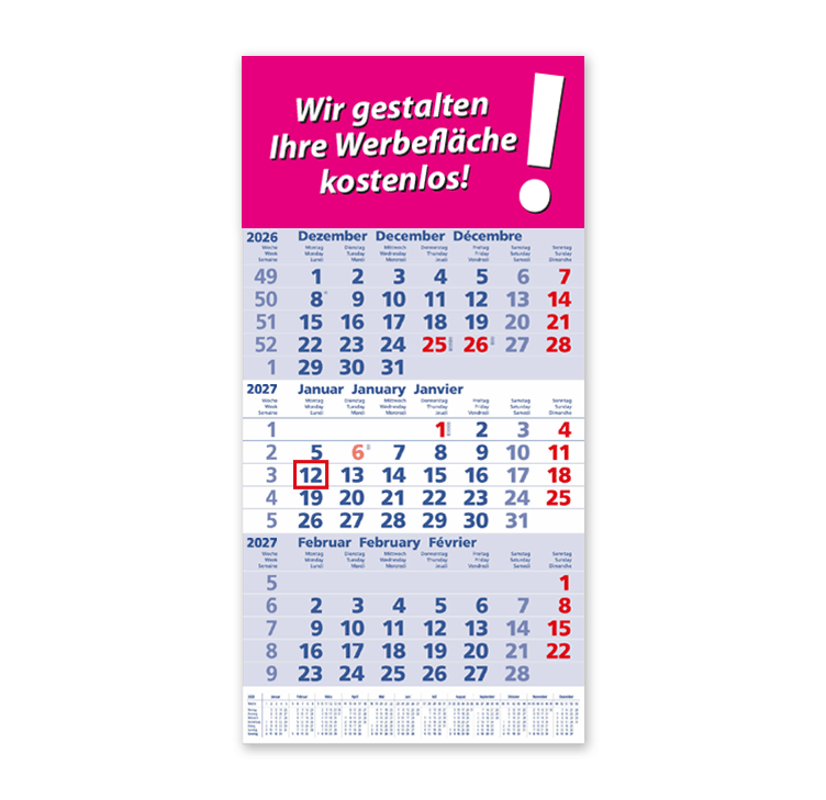 3-Monatskalender mit Jahresübersicht DE-EN-FR - Blau