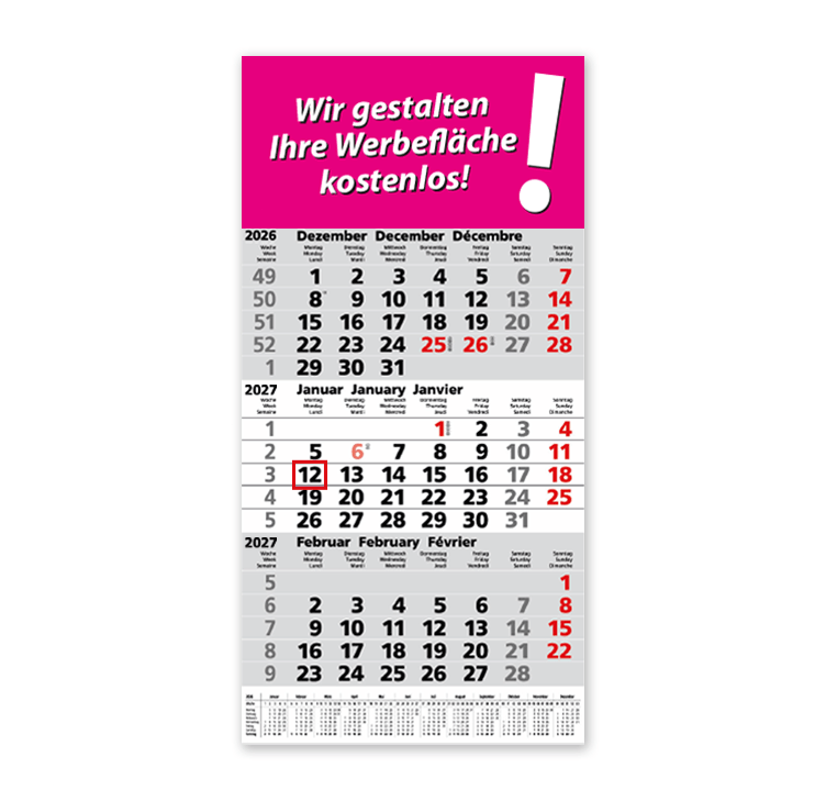 3-Monatskalender mit Jahresübersicht DE-EN-FR - Grau